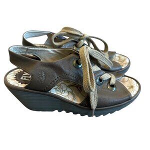 Fly London Yifa Lace Up Wedge Sandals Leather Comfort Classic Size 38 7.5 8